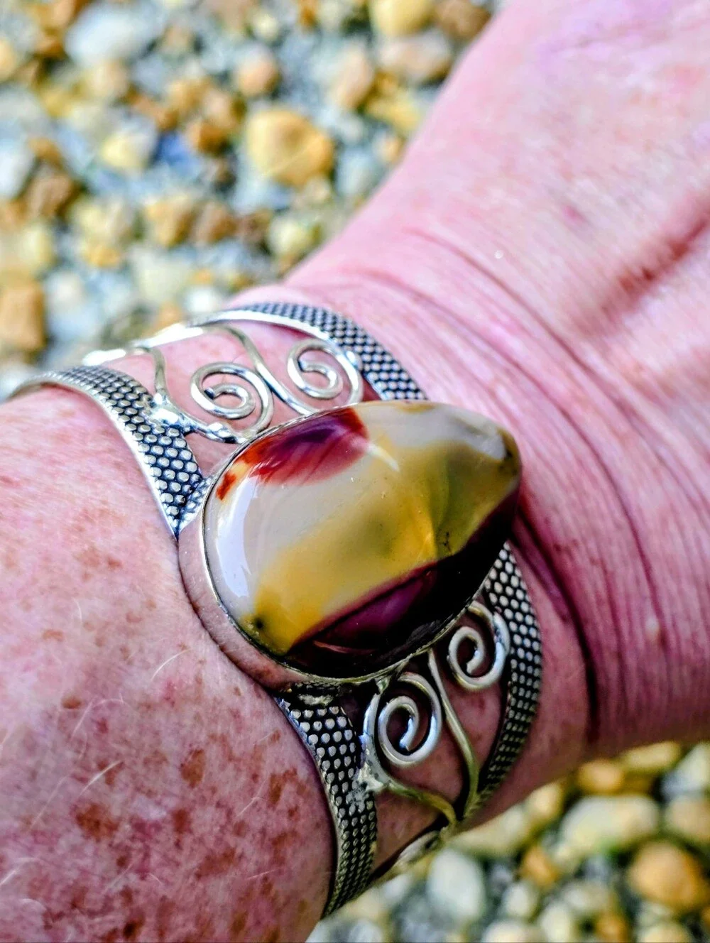 Mookaite Gemstone Cuff Bracelet In 925 Sterling Silver (Adjustable)